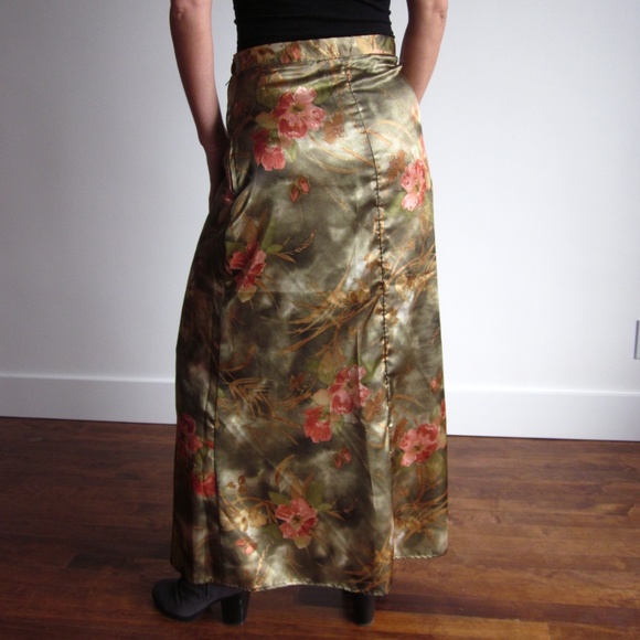 Satin Olive Green With Flowers Maxi Skirt - Picture 4 of 6